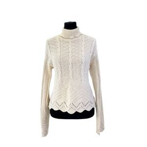High Sierra Scalloped Cream Cable Knit Turtleneck Sweater Women's Large